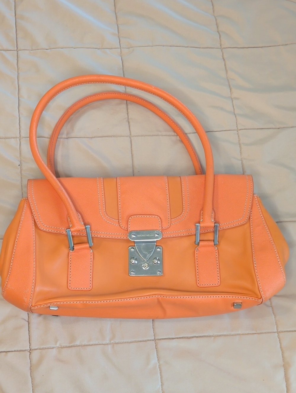 ANTONIO MELANI Orange Leather Satchel with Silver Hardware